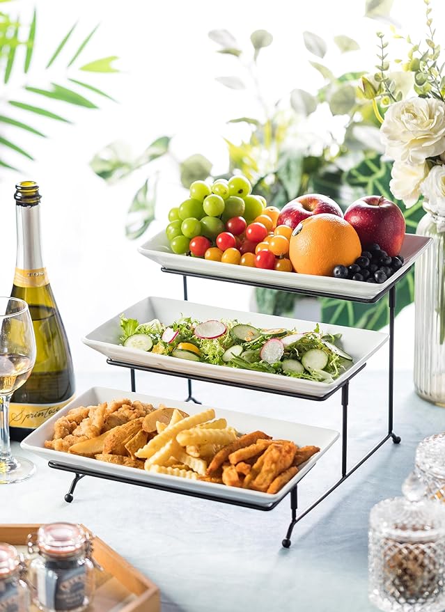 LYEOBOH Tiered Serving Stand and Platters Set, Large Tiered Tray Stand, 3 Tier Serving Tray with Collapsible Sturdier Rack, 12 Inches Tier Serving Platter for Party, Display, Dessert, and Cupcake