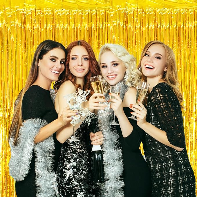2 Pack Gold Tinsel Foil Fringe Curtains, Gold Party Decorations, Metallic Tinsel Party Streamers Backdrop for Birthday Baby Shower Graduation Wedding New Year Party Decorations