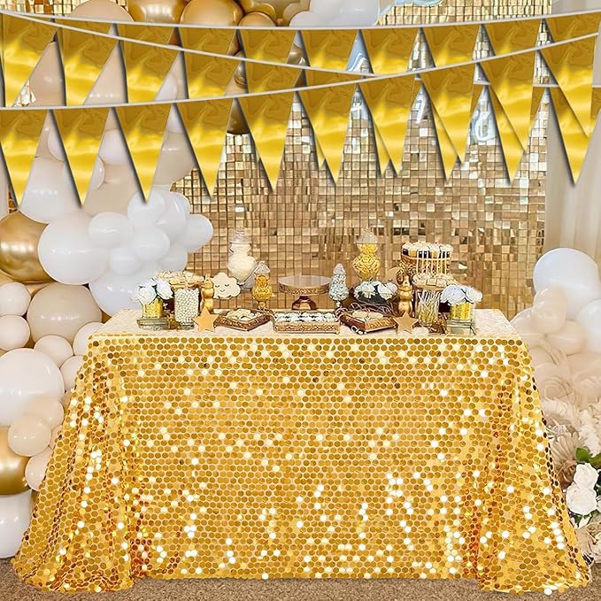 40M/130FT Gold Triangle Pennant Banner Flag Metallic Fabric Bunting Garland for Christmas Graduation Wedding Engagement Anniversary Bachelorette Birthday Bridal Shower Valentines Hen Party Supplies