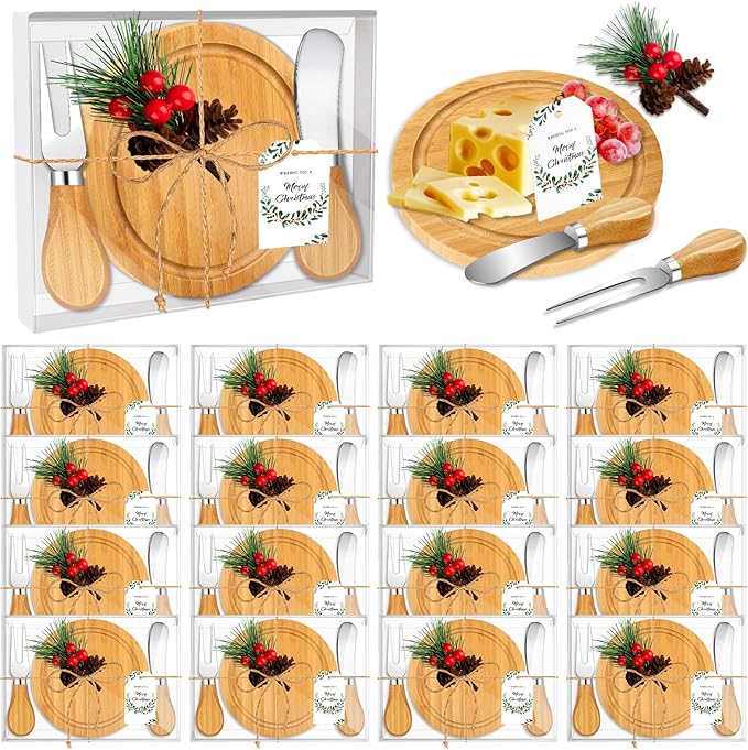 12Set Christmas Gifts Bamboo Round Cheese Board Set Cheese Knives Mini Cutting Board Set Cheese Board Gift Set Christmas Tags and Boxes Christmas Party Birthday