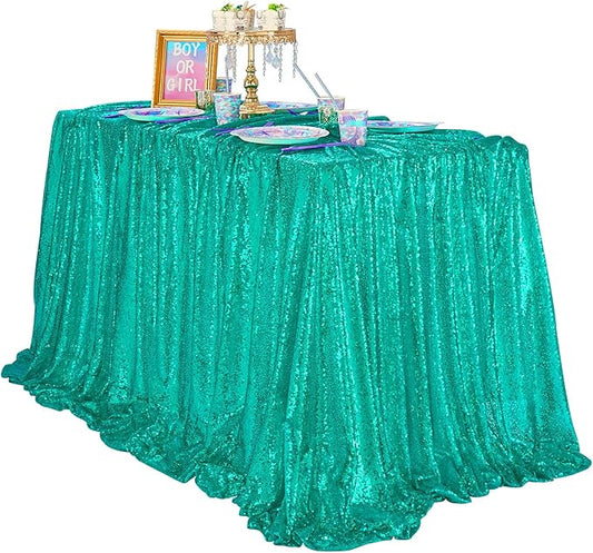 QueenDream Lake Green Sequin Decorative Party Tablecloth: Large Shimmer Dessert Table Overlay 90x132 Inch Dinner Table Drapes Cocktail Easter Decor