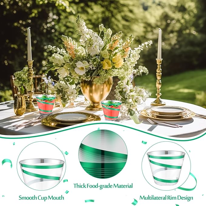 Gejoy 9 oz Rimmed Swirl Plastic Cups Disposable Wine Drinking Cups Clear Elegant Halloween Tumblers for Christmas Party Supplies(Dark Green,100 Pcs)