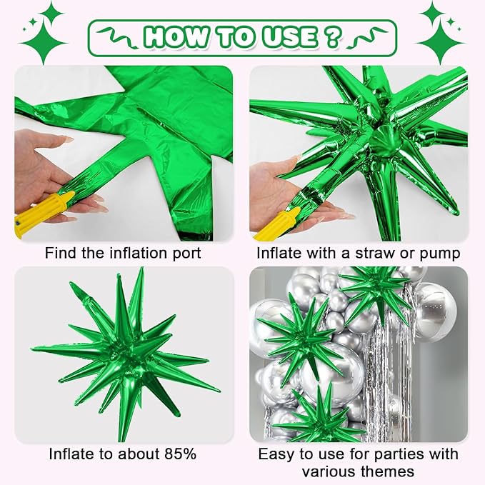 Black Green Star Balloon,6Pcs 22Inch Explosion Star Balloons and 10Pcs 10Inch Four Angle Balloons Kit for Birthday Halloween Anniversary Baby Shower Wedding Party Decorations