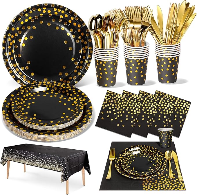 141 Pieces Black Gold Party Supplies, Disposable Party Decorations Sets Include Paper Plates Napkins Cups, Plastic Forks Knives Spoons, for Baby Shower Birthday Wedding -20 Guests