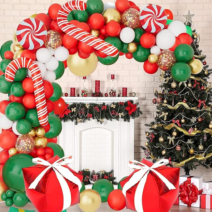 Christmas Balloon Garland Arch Kit,Xmas Holiday Balloons Red Green White Gold Confetti Balloons with Candy Cane Box Foil Balloon for Christmas Party Birthday Xmas Party Decorations