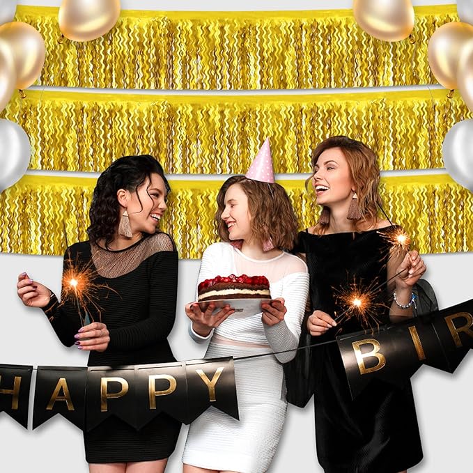 6 Pack 10 Feet Gold Wave Foil Fringe Garland Metallic Tinsel Streamers Banner Wall Hanging Curtain Backdrop for Parade Floats, Mother's Day, Easter, Wedding, Birthday Party Decoration