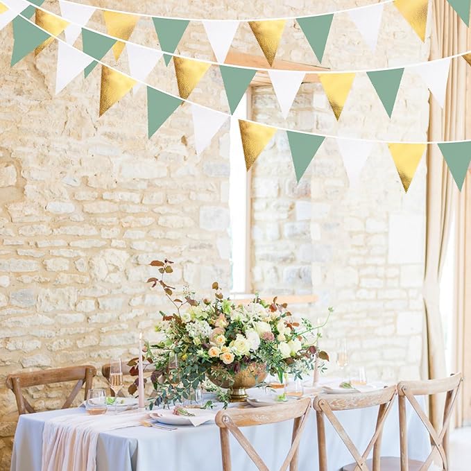 32Ft Sage Green Party Decorations Sage Green and Gold Triangle Flag Fabric Banner Pennant Bunting Garland Streamers for Rustic Party Wedding Baby Shower Birthday Home Nursery Outdoor Garden Decor