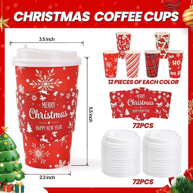 72 Set Christmas Disposable Coffee Cups with Lids and Sleeves Snowflake Reindeer Paper Drinking To Go Cups for Winter Holiday Christmas Party Coffee Bar Decor Business Supplies (Red)