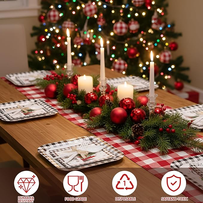 350 Pcs Christmas Party Supplies Christmas Tree Hanging Ball Party Tableware Set Square Paper Plates Disposable Napkins Cups Plastic Cutlery for Xmas Holiday Serves 50 Guests (Xmas Plaid Tree)