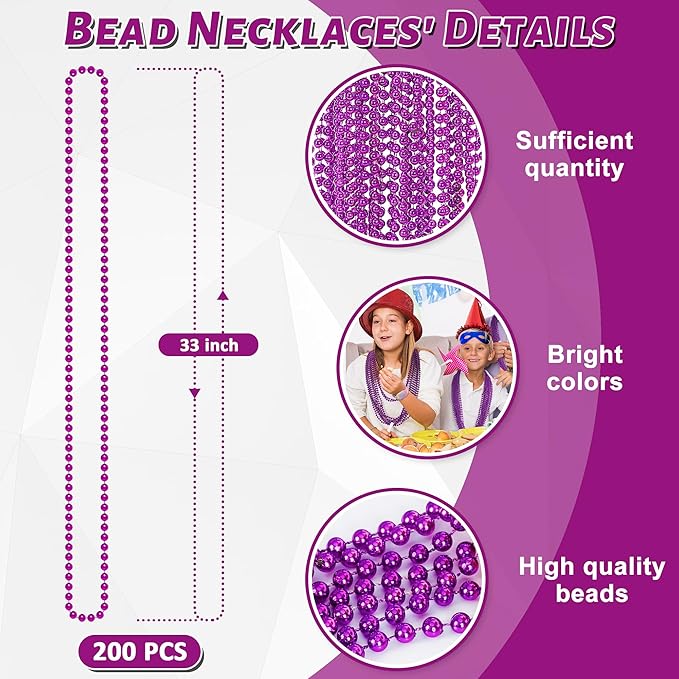 200PCS Mardi Gras Beads, Purple Bead Necklace Party Favors, 33" Holiday Halloween Necklaces Party Parade Throw Accessories, Mardi Gras Halloween Wedding Birthday Celebrations Decorations Bulk