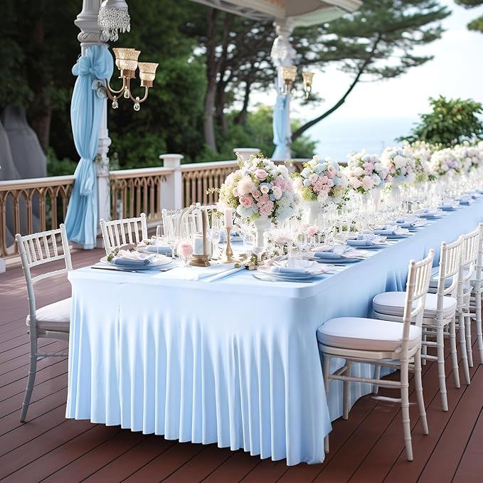 1 Pack Baby Blue Table Clothes for 4 Foot Rectangle Tables, One-Piece Wrinkle Resistant Stretch Spandex Table Covers with Skirt for Event Banquet Wedding Birthday Party