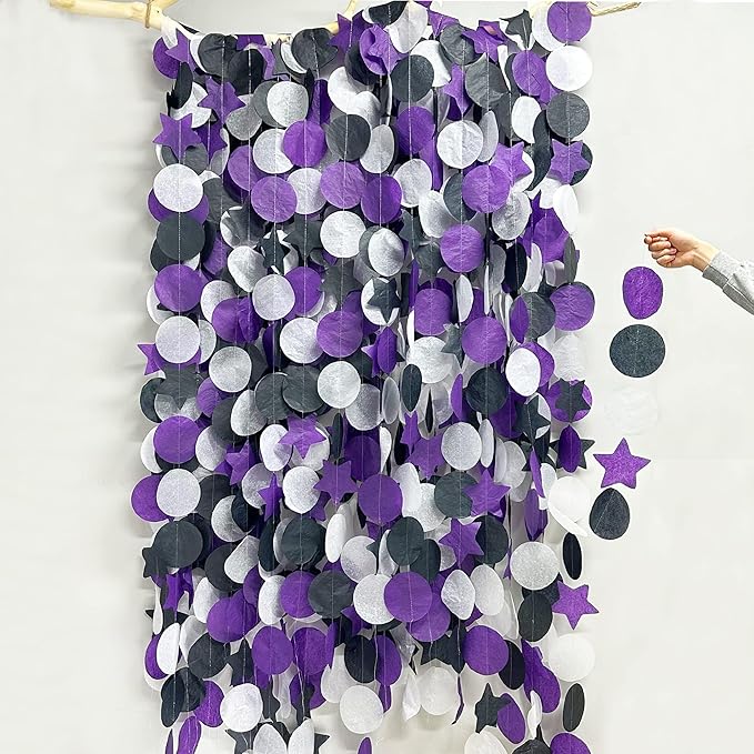 173 Ft Purple Black and White Party Decorations Big Star Circle Dot Backdrop Streamer Garland for Graduation Birthday Bachelorette Engagement Wedding Bridal Shower Baby Shower Halloween Party Supplies