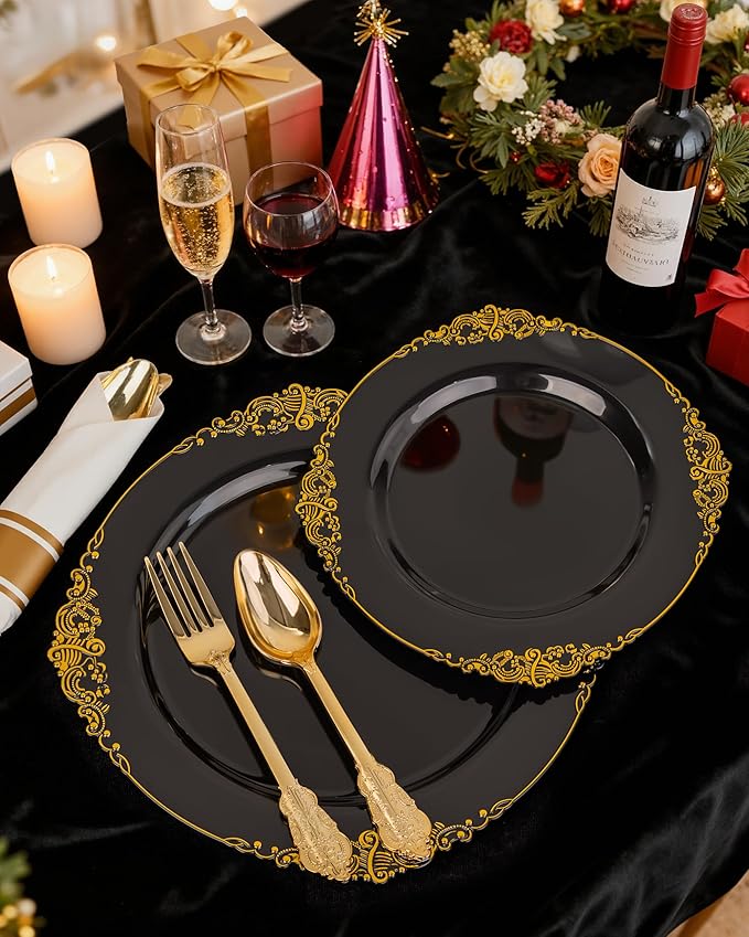 Nervure 175PCS Black Plastic Plates - Disposable Black Gold Party Plates & Pre Rolled Napkins with Cutlery for 25 Guests, 50Plates, 75Silverware, 25Cups, 25Napkin for Wedding & Party & New Year