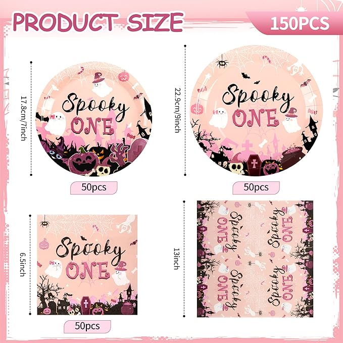 150Pcs Halloween Spooky One Birthday Decorations Pink Cute Halloween Plates and Napkins Pink Ghost Baby Shower Plates Disposable for Hallowen Girl 1st Birthday Party Supplies,Serves 50