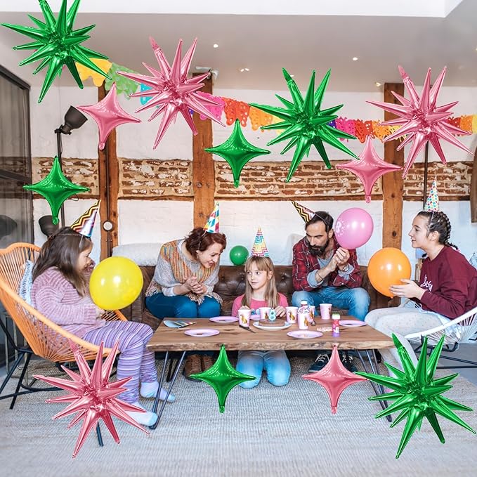 Pink Green Star Balloons,6Pcs 22Inch Explosion Star Balloons and 10Pcs 10Inch Four Angle Balloon Kit for Witch Birthday Anniversary Disco Party Decorations