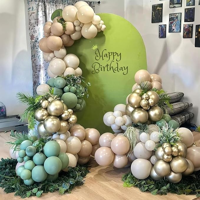 Sage Green Gold Balloons, 60 Pcs 12 Inch Olive Green White Balloons with Metallic Gold Confetti Balloon for Birthday Wedding Baby Shower Bridal Shower Engagement Anniversaries Party Decorations