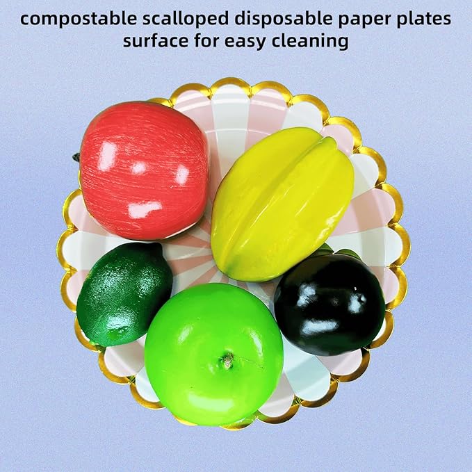 party paper plates,9 inch,scalloped disposable Paper Plates,compostable biodegradable utensils 50 - pack Gold Trimmed Striped Holiday Party Rehearsal 6 colors