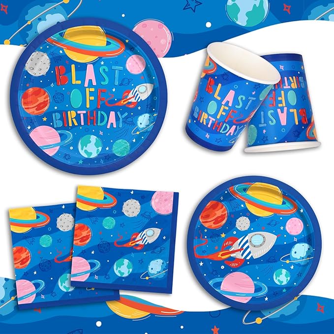 Outer Space Party Supplies - Solar System Planet-Themed Disposable Paper Plates, Napkins, Cups, Tablecloth, and Banner: Ideal Galaxy Space Birthday Decorations for Party of 25