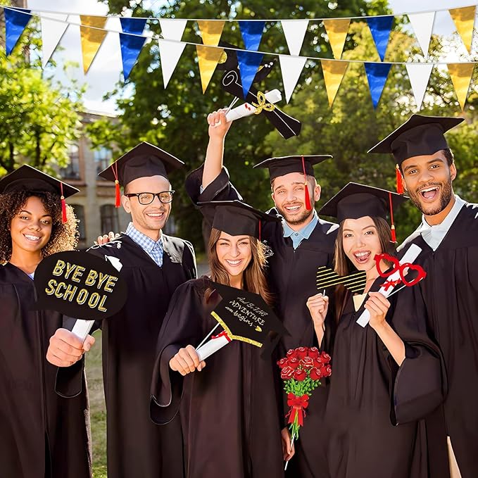 32.8FT Navy-Blue White Gold Glitter Triangle Pennant Banner Flag Metallic Bunting Fabric Garland for Christmas Graduation Retirement Wedding Bridal Shower Nautical Ahoy Achor Party Decorations Decor