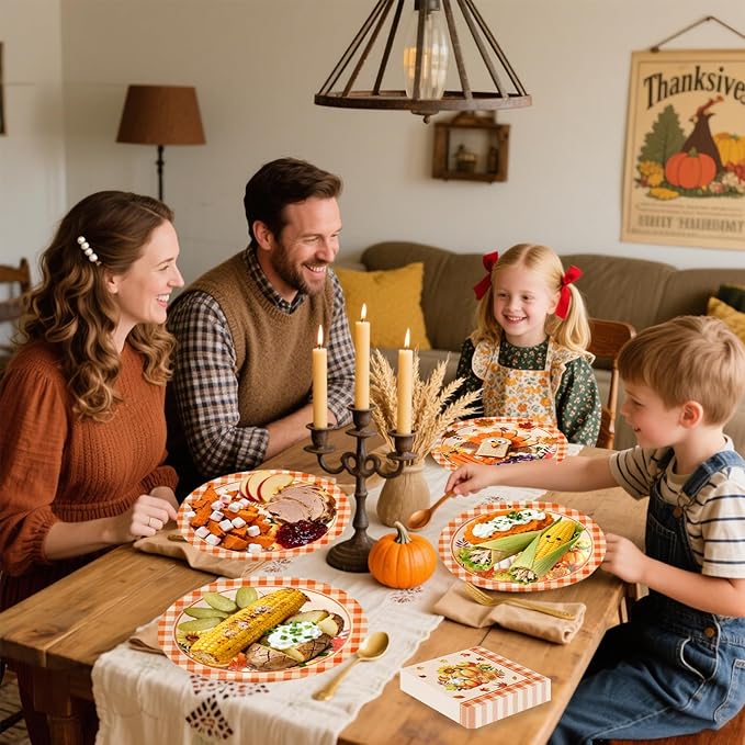 100 Pcs ThanksGiving Oval Paper Plates and Napkins Set, 10" x 12" Large Disposable Pumpkin Plates for ThanksGiving Party Supplies