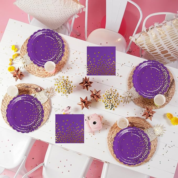 50PCS Purple Paper Plates and Napkins Set - Purple and Gold Dot Party Plates Disposable Party Tableware Dinnerware Set Party's Supplies Decorations for Birthdays, Baby Shower, Weddings and Holidays
