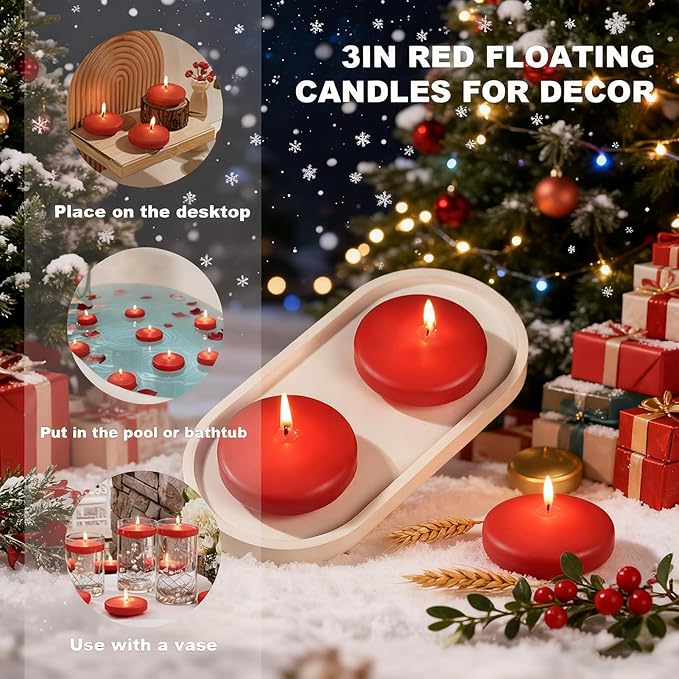 24 Pack Red Floating Candles 3 inch, Unscented Traditional 3" Floating Candles for Centerpieces,7 Hours Burning, Red Water Candles for Cylinder Vases, Wedding, Party, Pool
