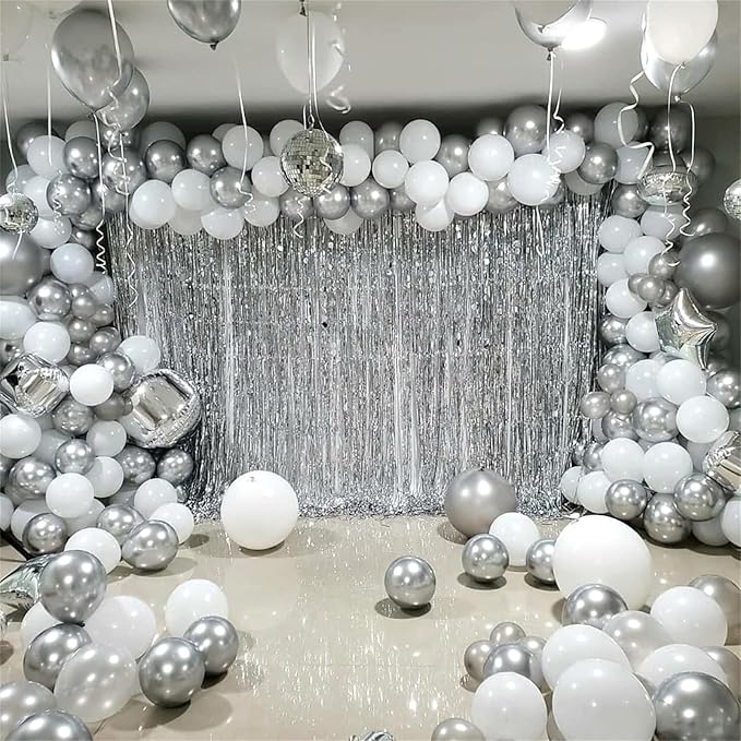 Silver and White Balloons, 12 Inch Metallic Silver White Latex Balloons Set Decor with Silver Confetti Helium Balloons for Boys Girls Birthday Party Baby Shower Wedding Graduation Party Decorations