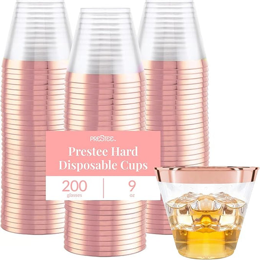 Prestee 200 Rose Gold Plastic Cups, 9oz – Elegant Hard Disposable Tumblers for Wine, Cocktails & Beverages – Clear Plastic Cups with Rose Gold Rim – Bulk Party Drinkware for Weddings, Holidays & Event