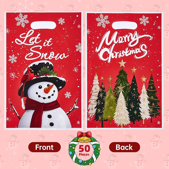 Ahysuet 50Pcs Christmas Goodie Bag, Xmas Party Favors Gift Bags with Handles for Holiday Party Favors Christmas Theme Candy Treat Cookie Bags