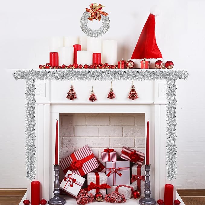 50FT Silver Christmas Tinsel Garland Metallic Twist Xmas Garland for Christmas Tree Decorations Holiday Hanging Garlands for Mantel Staircase Indoor Outdoor Home Office Class Party Holiday Decor