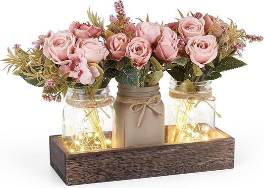 Mkono Mason Jar Lights Centerpiece Table Decorations For Dining Room Farmhouse Table Decor Tray With 3 Jars Flowers Arrangement Thanksgiving Decor For Kitchen Living Room Wedding, Pink
