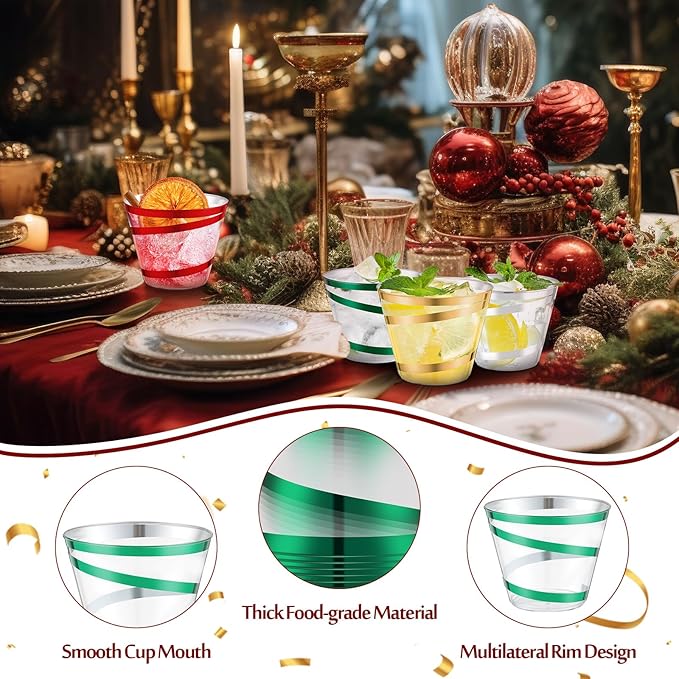Gejoy 9 oz Rimmed Swirl Plastic Cups Disposable Wine Drinking Cups Clear Elegant Halloween Tumblers for Christmas Party Supplies(Red,Green,Gold,Silver,100 Pcs)