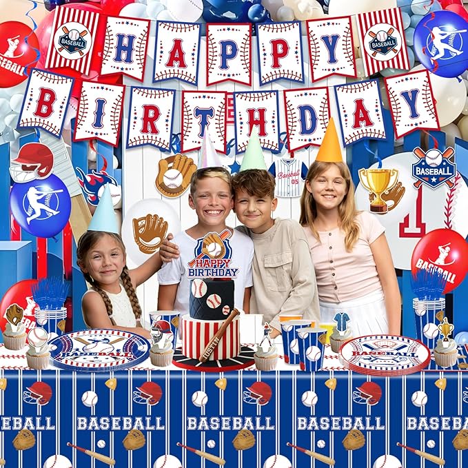 161PCS Baseball Birthday Party Decorations, Baseball Party Supplies Plates and Napkins Set, Tableware,Banner, Hanging Swirls, Tablecloth, Cake Cupcake Topper, Ballons