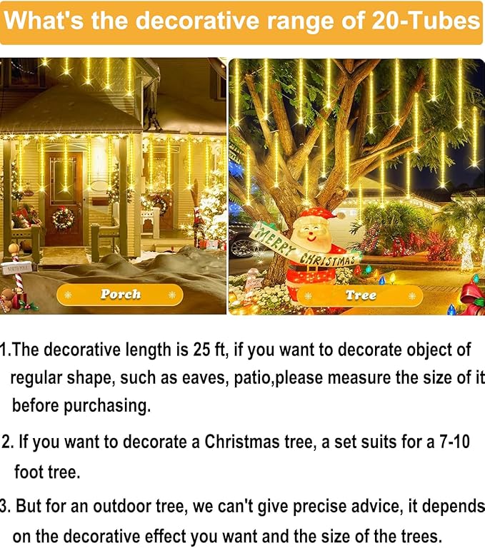 Christmas Lights Outdoor,16 Inch 20 Tubes Meteor Shower Light Falling Rain Drop String Lighting Icicle Snow Cascading Xmas String Decor for Tree Wedding Party Garden Holiday Decoration,Warm White