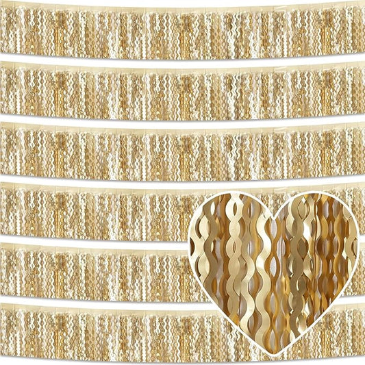 6 Pack 10 Feet Champagne Gold Wave Foil Fringe Garland Metallic Tinsel Streamers Banner Wall Hanging Curtain Backdrop for Parade Floats, Mother's Day, Easter, Wedding, Birthday Party Decoration
