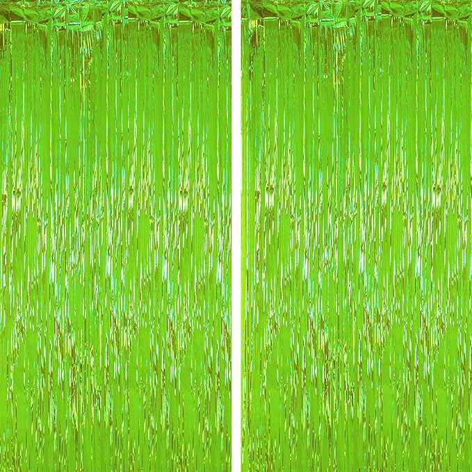 2 Pack Green Iridescent Tinsel Foil Fringe Curtains, Neon Party Decorations, Metallic Tinsel Party Streamers Backdrop for Birthday Baby Shower Halloween Wedding Party Decorations