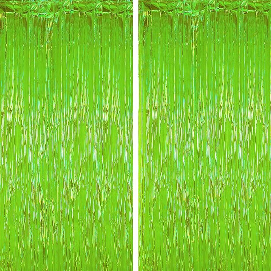 2 Pack Green Iridescent Tinsel Foil Fringe Curtains, Neon Party Decorations, Metallic Tinsel Party Streamers Backdrop for Birthday Baby Shower Halloween Wedding Party Decorations