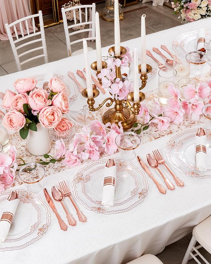 Ciaell 350 PCS Rose Gold Plastic Plates - Rose Gold Disposable Plates Dinnerware Include 50 Disposable Plate, 50 Heavy Duty Silverware, 50 Cups, 50 Napkins for Wedding & Party & Anniversary