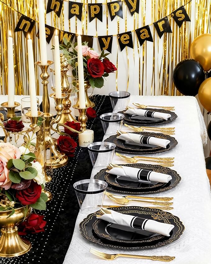 Ciaell 350 PCS Black Plastic Plates - Black and Gold Plates - Black Disposable Plates Include 50 Disposable Plate, 150 Heavy Duty Silverware, 50 Cups, 50 Napkins for Wedding & Party & New Year