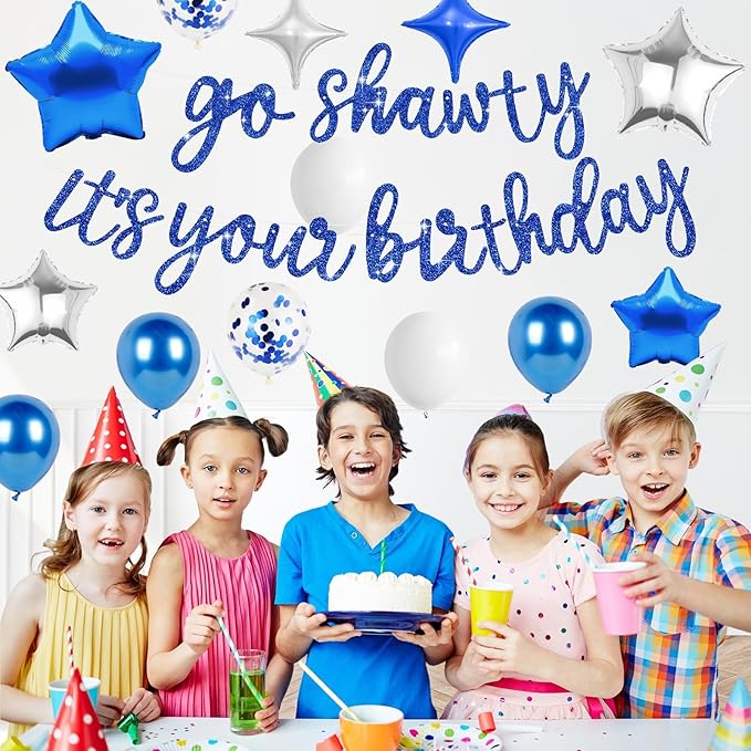 Blue Go Shawty It's Your Birthday Banner Balloons Set, Glitter Happy Birthday Banner with Blue Silver Confetti Balloon Star Foil Balloon for Boys Man Hip Hop Rap Theme Birthday Party Decorations