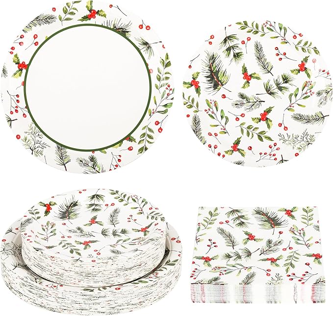 150Pcs Christmas Plates and Napkins Set Christmas Paper Plates Merry Holly Berries Disposable Holiday Paper Plate Dinnerware for Xmas Holiday Winter Party,Serves 50