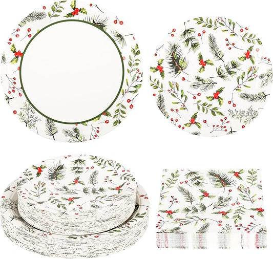 150Pcs Christmas Plates and Napkins Set Christmas Paper Plates Merry Holly Berries Disposable Holiday Paper Plate Dinnerware for Xmas Holiday Winter Party,Serves 50