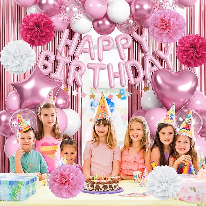 Pink Birthday Decorations for Girls, Pink White Party Balloons Happy Birthday Banner Balloon Star Heart Foil Balloon Fringe Curtain Paper Pompom for Women Bday Party Supplies