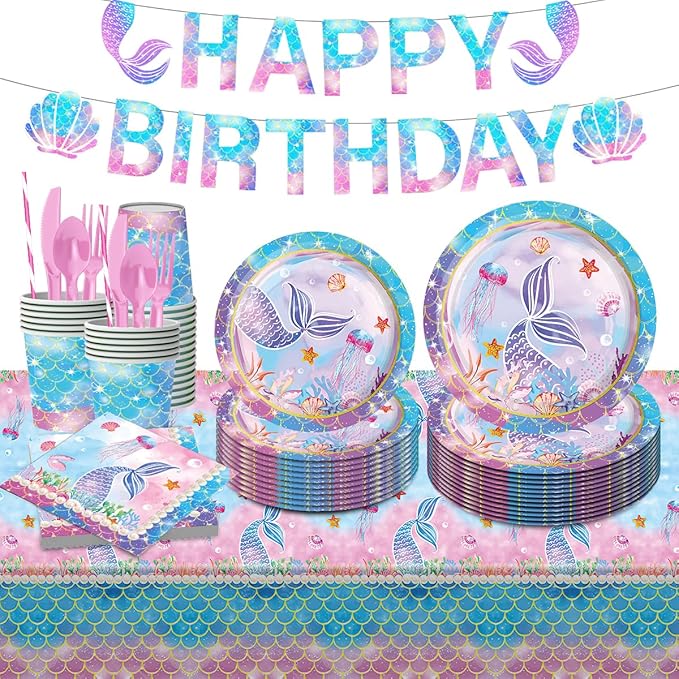 Mermaid Party Supplies Plates and Napkins Sets,Mermaid Birthday Decorations Disposable Plates for Baby Shower, Mermaids Theme Tableware with Cups, Tablecloth, Birthday Banner for Kids Girls, Serve 24