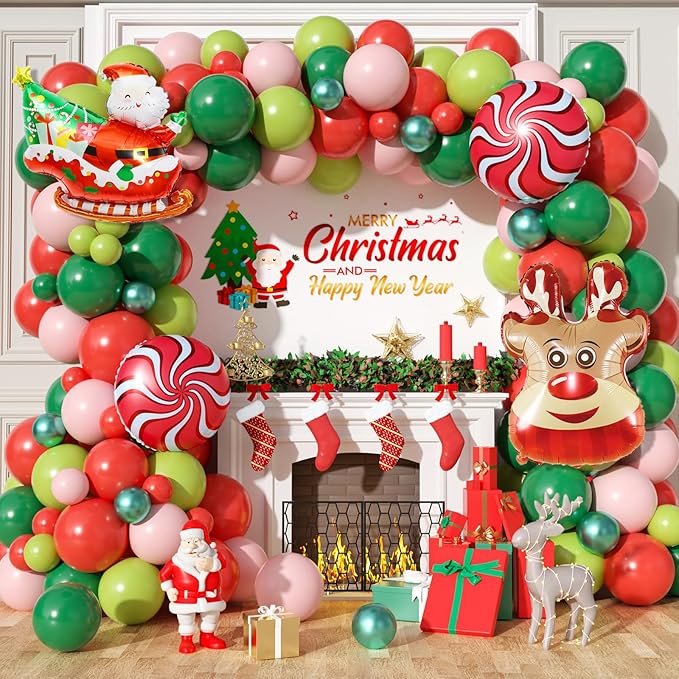 Christmas Balloon Arch Kit, Red Pink Green Christmas Balloon Garland Kit for Xmas Party Decorations, Xmas Balloon Arch Garland with Elk, Santa Claus, Windmill Foil Balloons