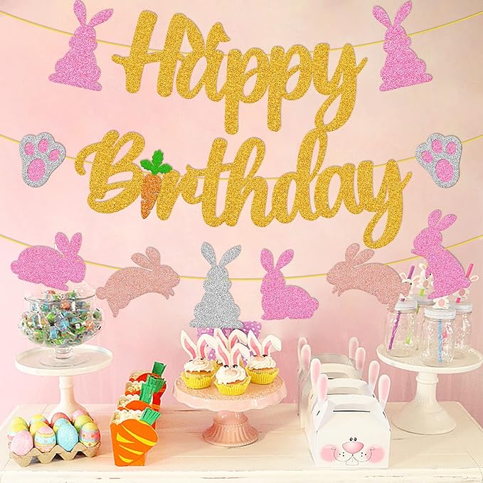 Bunny Birthday Banner Rabbit Bday Party Decorations Bunny Paw Ears Carrot Easter's Day Theme for Kids Boy Girl Baby Shower Party Supplies (Gold)