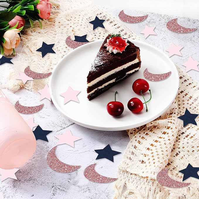 Navy-Blue Pink Rose-Gold Moon-Star Confetti - 300pcs Glitter Twinkle Little Star Table Confetti Eid Ramadan Mubarak Decoration Gender Reveal Birthday Wedding Baby Shower Party Decor Lasting Surprise