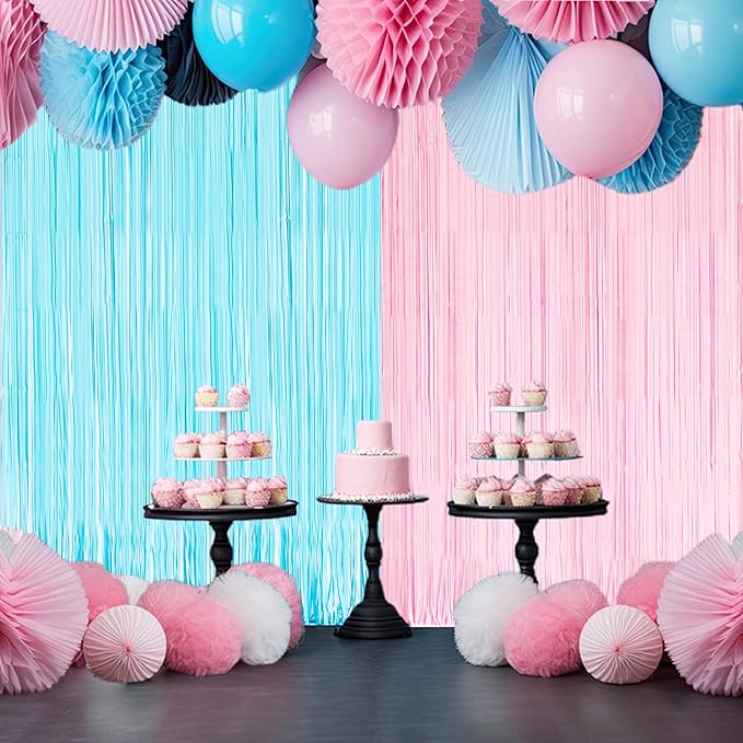 BRAVESHINE Tinsel Photo Backdrop Curtains - 2 Pack 3.2x8.2ft Pastel Pink Blue Foil Fringe Streamer Curtain for Christmas/Boy or Girl Birthdays/Mermaid/Candy/Donuts/Easter/Engagement Party Decorations