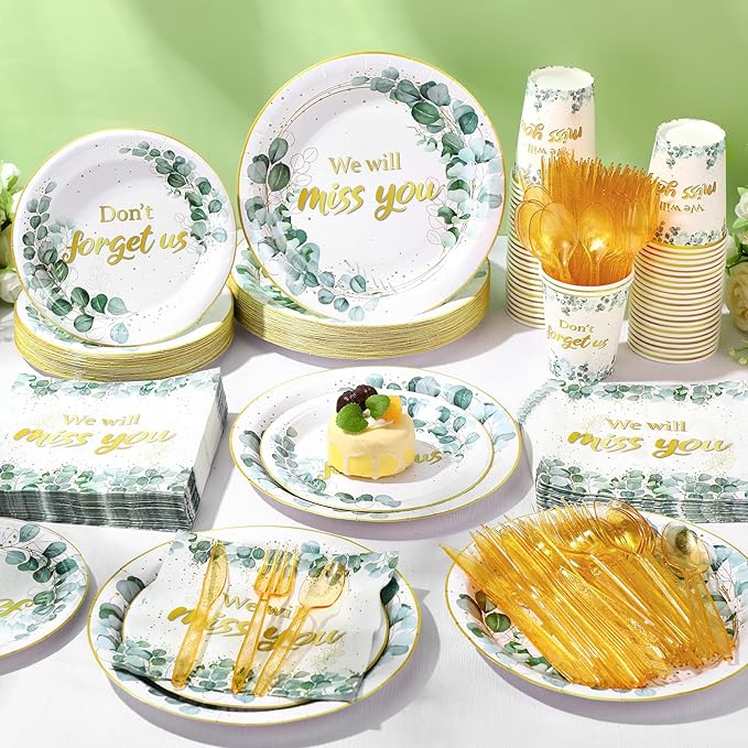 Pickmesh 400 Pcs Sage Green Farewell Party Supplies Include We Will Miss You Disposable Paper Plates Napkins Cups Cutlery for Coworkers Going Away Goodbye Retirement Party Decorations Serve 50