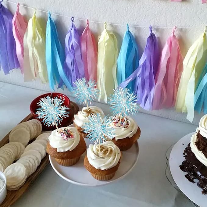 Gyufise 30Pcs Foil Firework Cupcake Toppers Sparkle Tinsel Cake Toppers Tinsel Drink Cake Decoration Cocktail Picks for Birthday Wedding Graduation Party Supplies Laser Blue